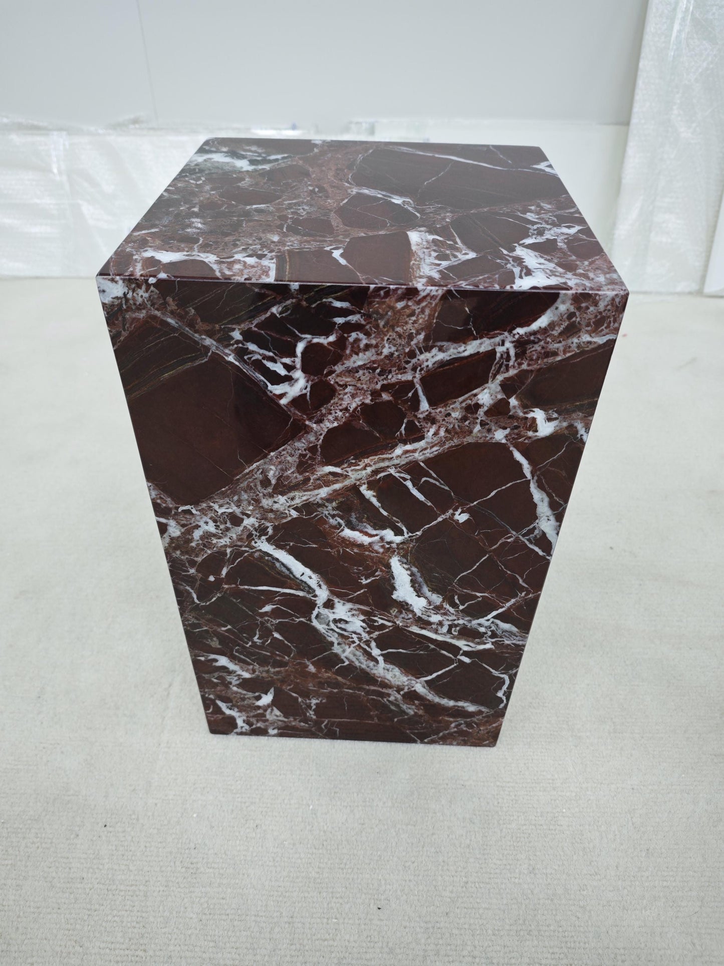 Royal Natural Rosso Lepanto Red Marble plinth side table, Luxurious Sofa Accent & Nightstand, Handcrafted