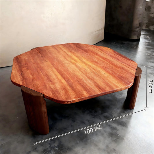 Hexagon Natural Travertine Coffee table, wooden pedestal, vintage style