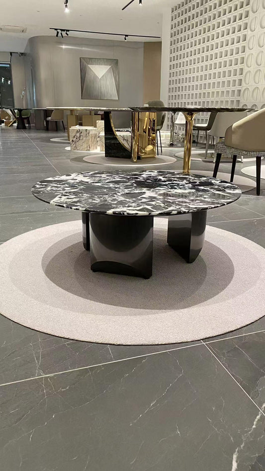 Elegant Natural Black and white Marble coffee table, black stainless steel, Italian minimalism