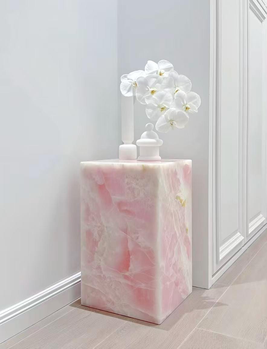 Pink Onyx Cuboid Side Table: Modern Luxury Coffee Table Nightstand, plinth