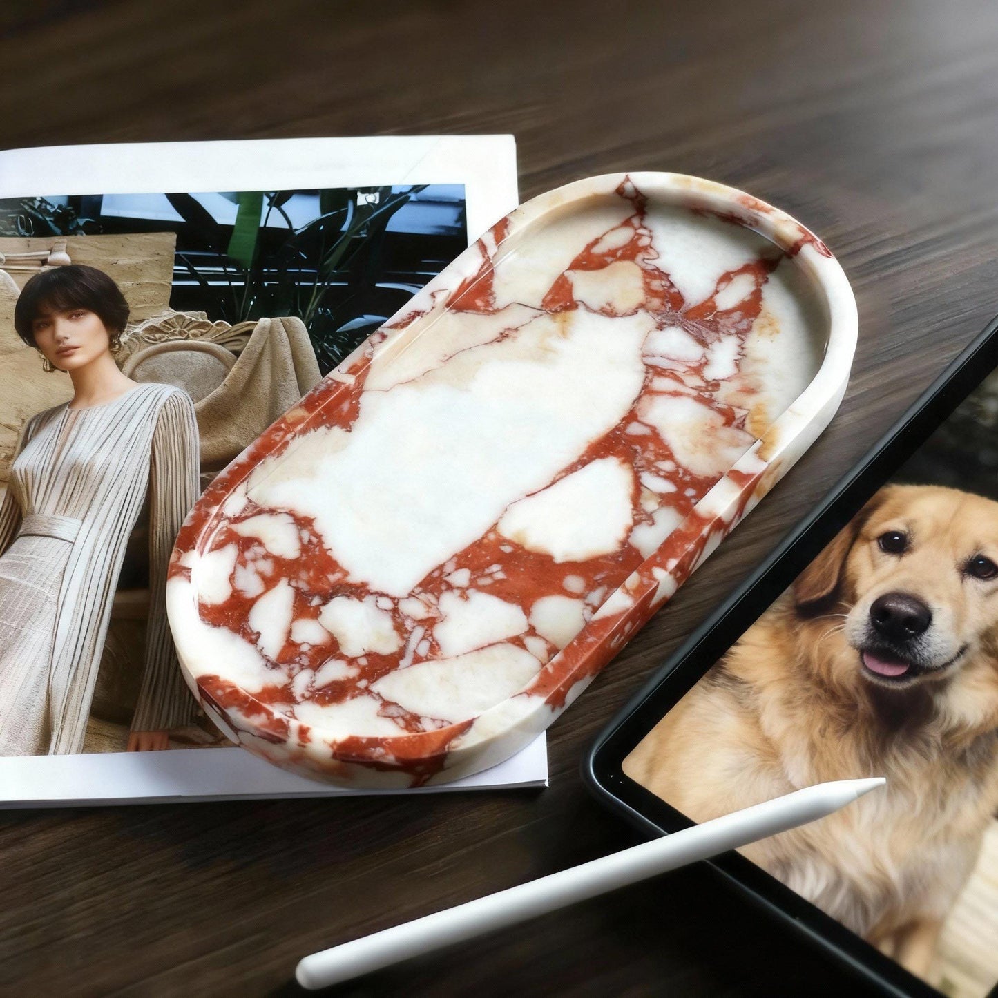 Handcrafted Red Marble Vanity Tray and Scented Candle Gift Set - Decorative Stone Organizer