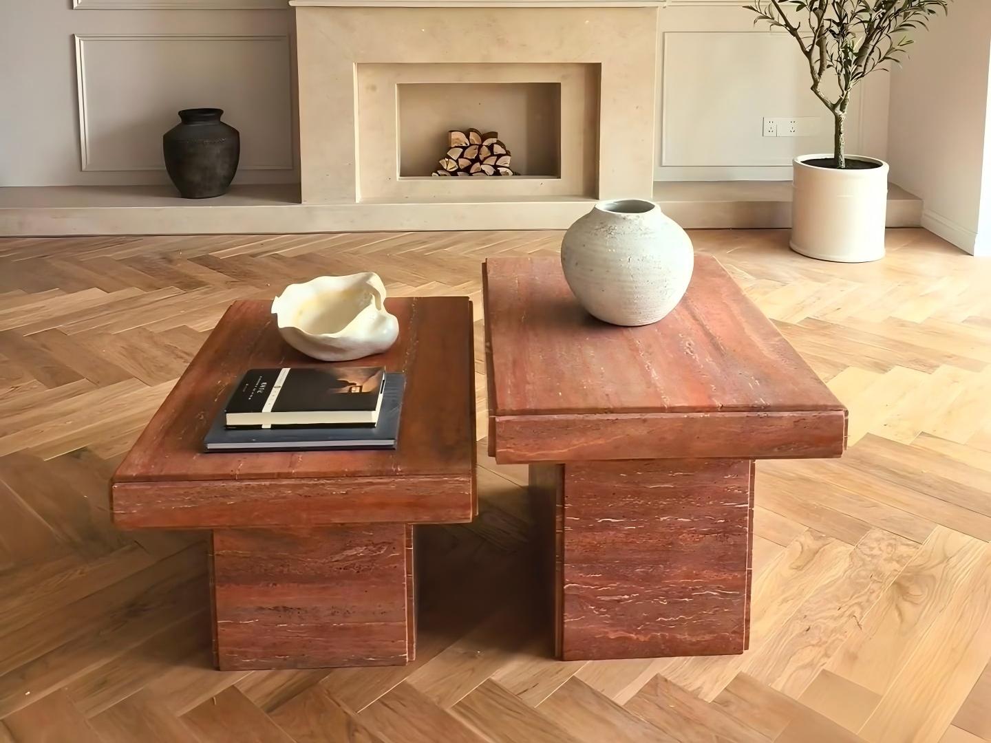 Handmade Red Travertine Coffee Table - Modern Organic Modular Design