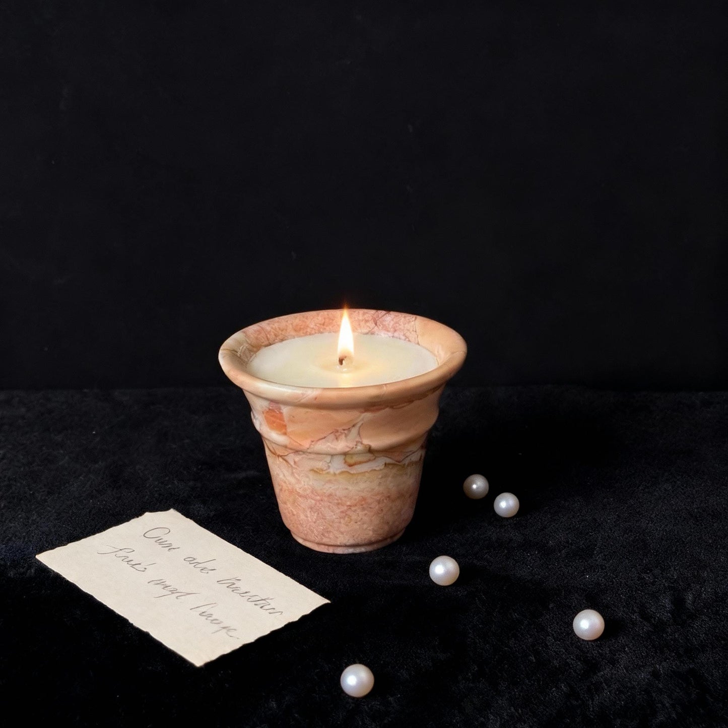 Handcrafted Pink Travertine Candle, Terracotta Pot, Cozy Home Decor
