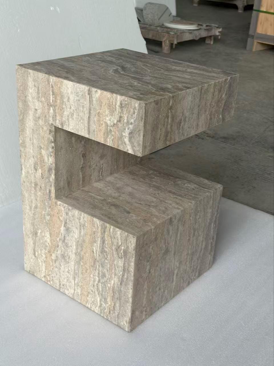 Handcrafted Travertine Side Table: Natural Stone Nightstand with Storage, plinth