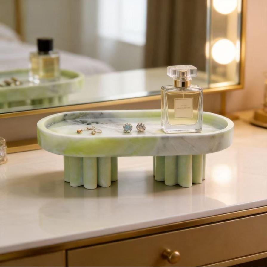 Handcrafted Fluted Pedestal Marble footed Tray, Modern Home Decor for Bathroom