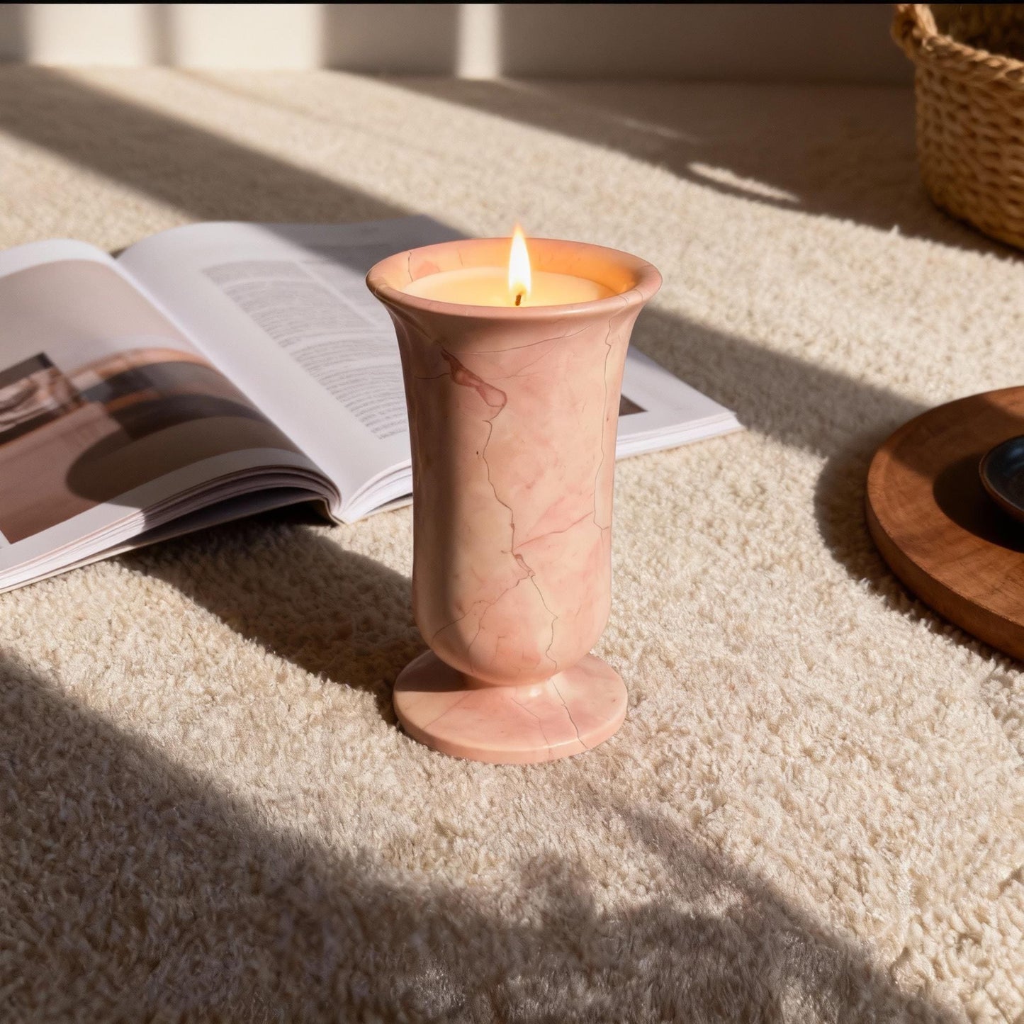 Handcrafted Travertine Marble Chalice Candle, Artisanal Soy Wax for Warm Valentine's day love gift
