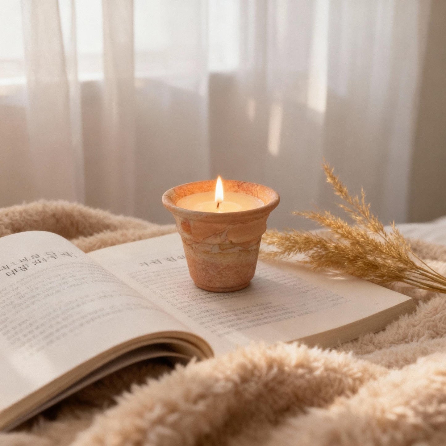 Handcrafted Pink Travertine Candle, Terracotta Pot, Cozy Home Decor