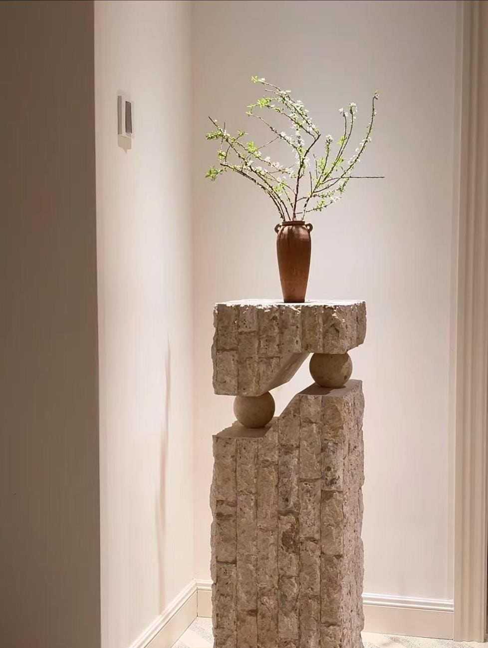Handmade Travertine Stone Shelf: Modern Side Table for Living Room