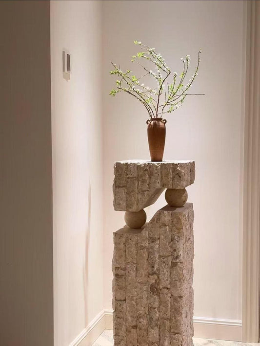 Handmade Travertine Stone Shelf: Modern Side Table for Living Room