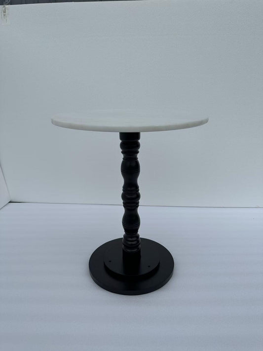 Vintage Marble Top End Table: Black Wood Pedestal Side Table