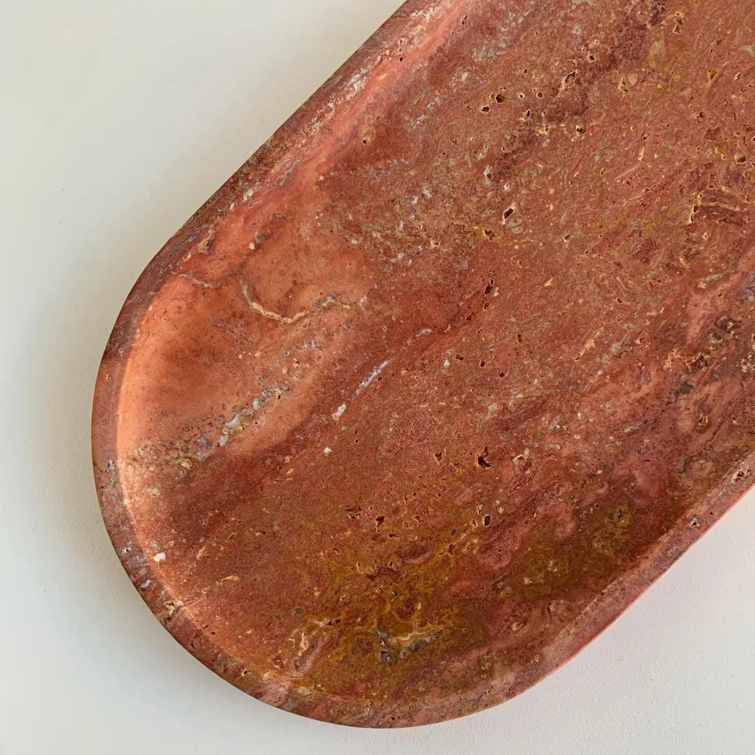 Handcrafted Red Travertine Tray - Modern Stone Storage Dish for Jewelry, Perfume & Candle Holders