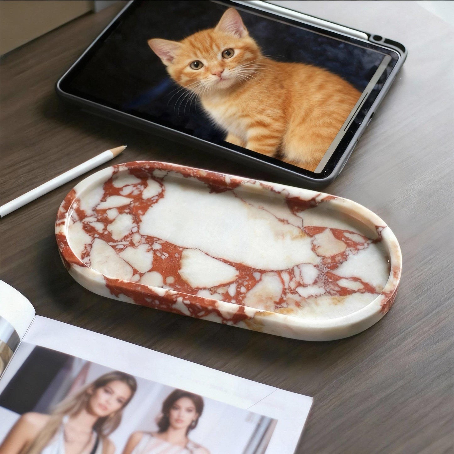 Handcrafted Red Marble Vanity Tray and Scented Candle Gift Set - Decorative Stone Organizer