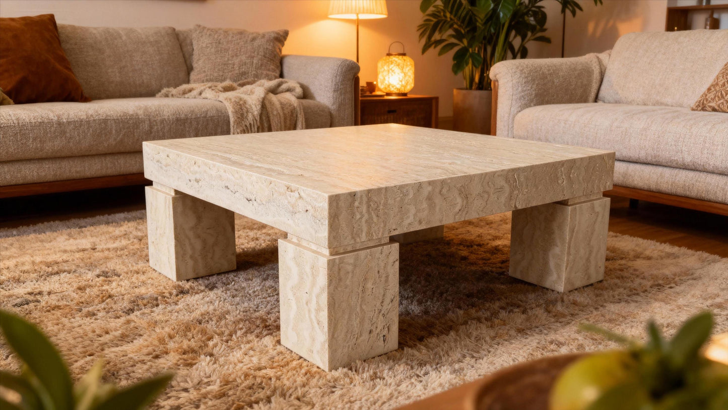 handmade Square Natural Travertine Coffee Table, Modern Organic design furniture for Living Room