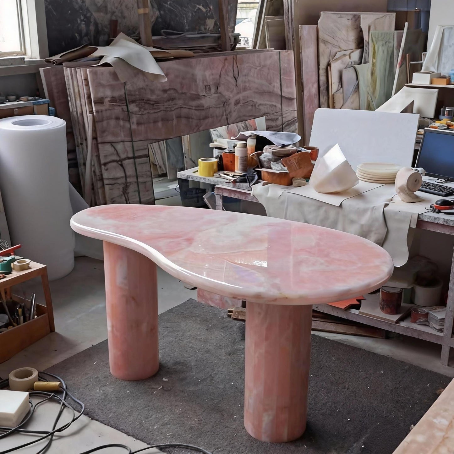 handmade elegant pink onyx desk table for lady boss  office space, mango shape, special interior design