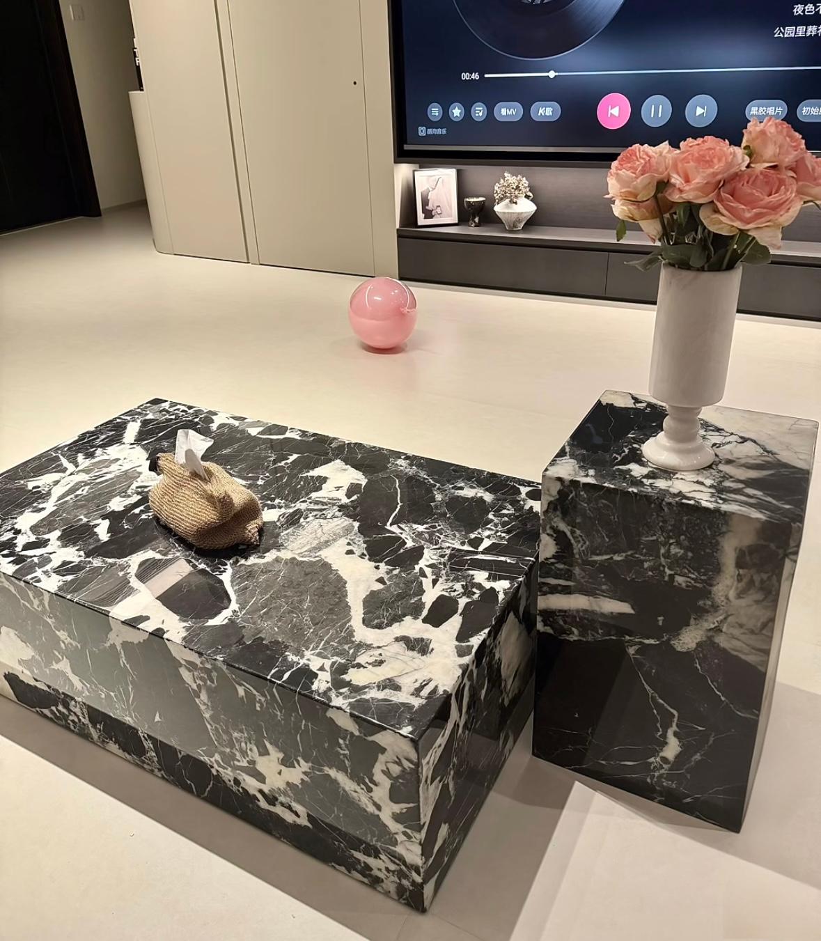 Natural Black & White Marble Coffee Table: Modern Minimalist Plinth, 80x50x30cm