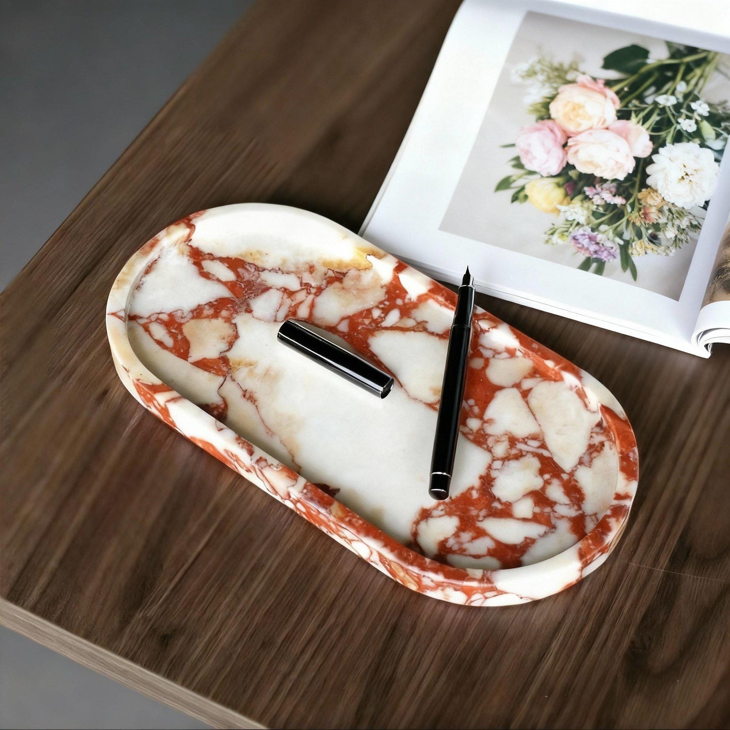 Handcrafted Red Marble Vanity Tray and Scented Candle Gift Set - Decorative Stone Organizer
