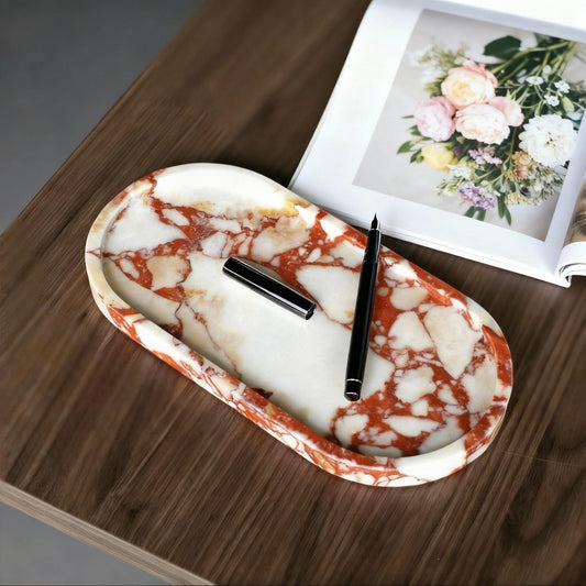 Handcrafted Red Marble Vanity Tray and Scented Candle Gift Set - Decorative Stone Organizer