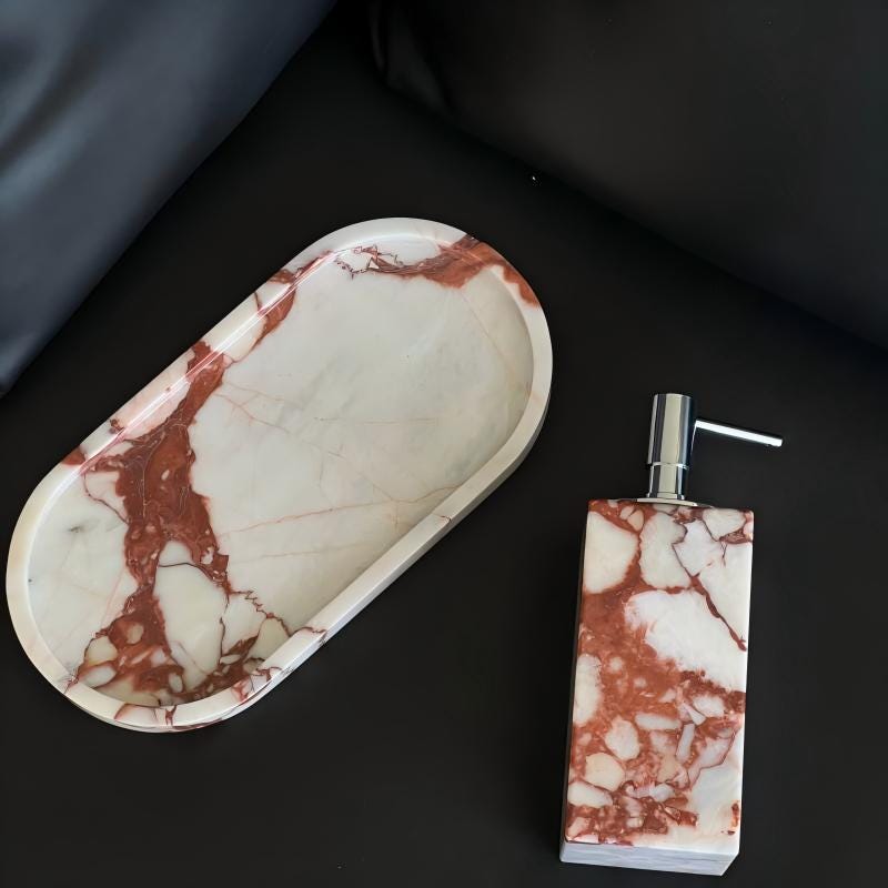 Handcrafted Red Marble Vanity Tray and Scented Candle Gift Set - Decorative Stone Organizer