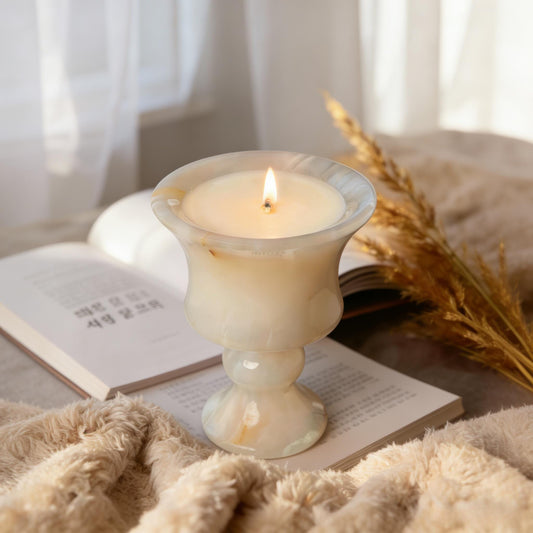White Marble Candle – Vintage Goblet Design – Handcrafted Stone Holder with Soy Wax, Art Deco Home Decor Gift