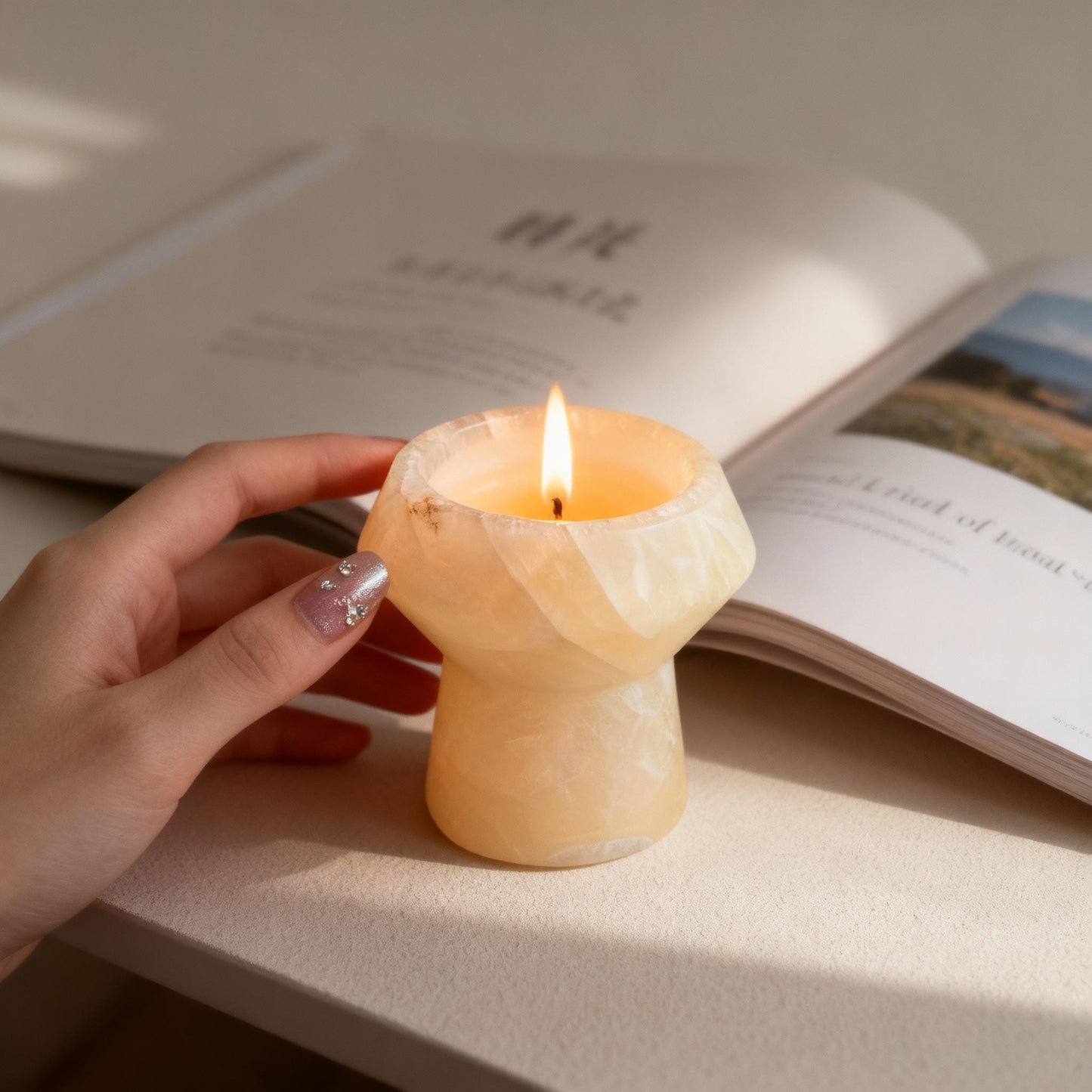 Yellow Veined Marble Candle Cup Home Aromatherapy Candlestick Decorative Ornament for New Year gift