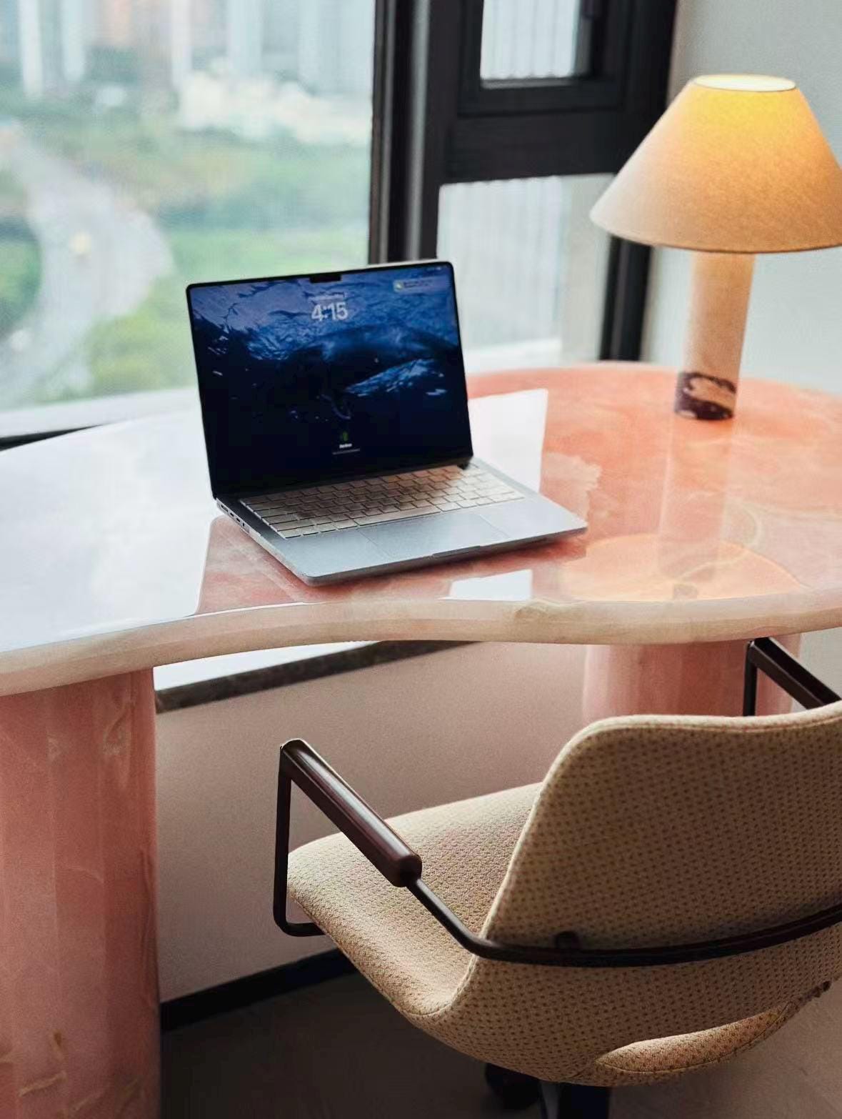 handmade elegant pink onyx desk table for lady boss  office space, mango shape, special interior design