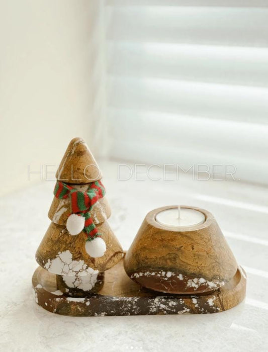 Natural Stone Christmas Tree Candle Holders: Gold & Brown Set of 4