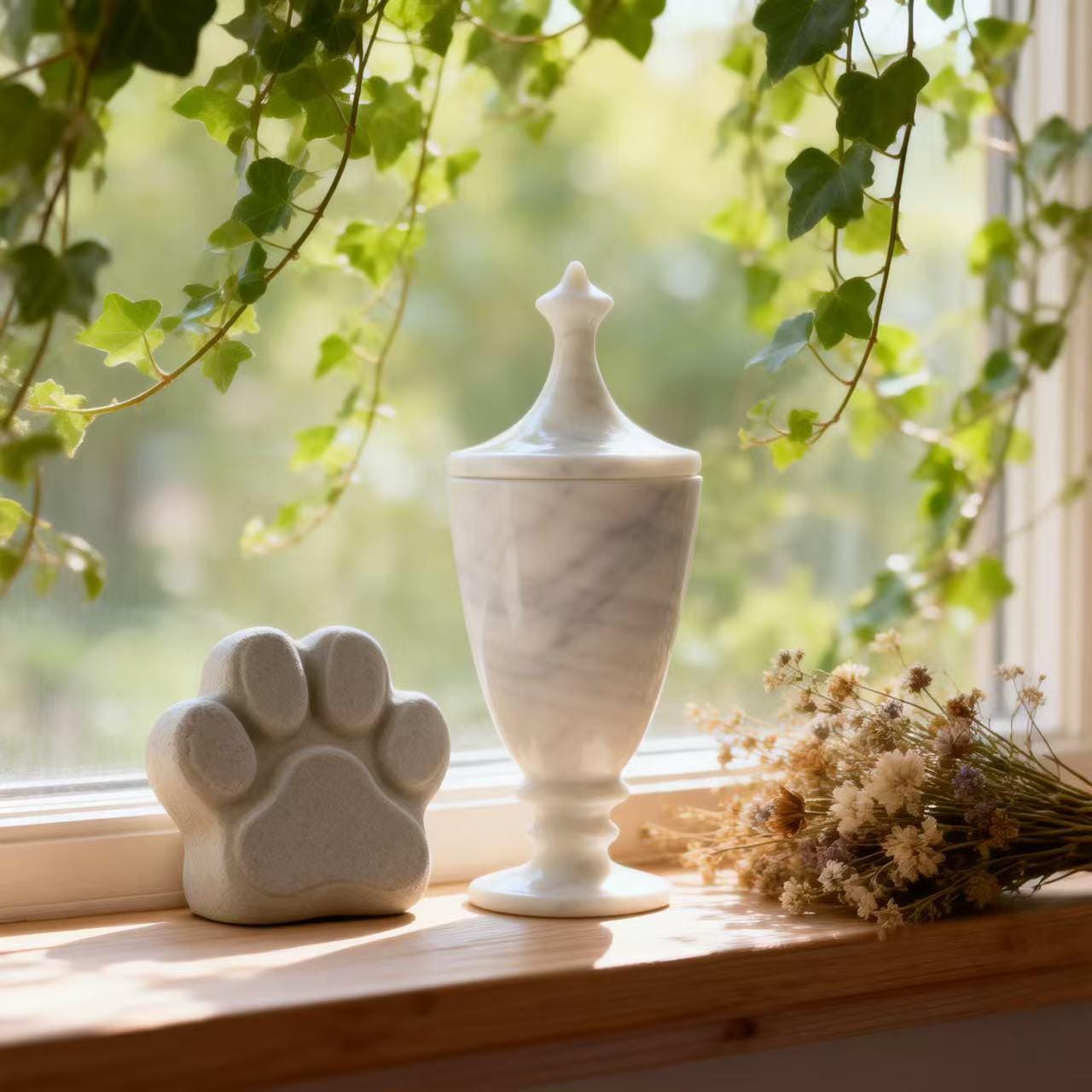 White Marble Pet Urn, Elegant Memorial Keepsake for Cat and dog