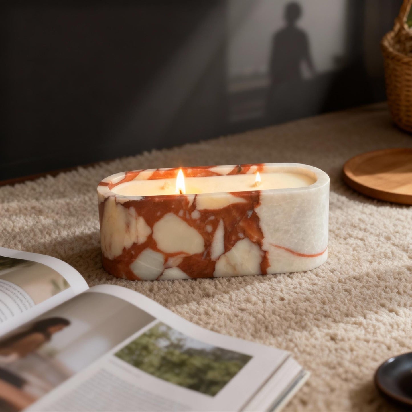 Red & White Marble Candle – Oval Double Wick Design – Handcrafted Stone Holder with Soy Wax, Modern Home Decor Gift