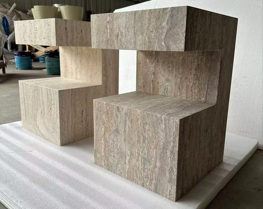 Handcrafted Travertine Side Table