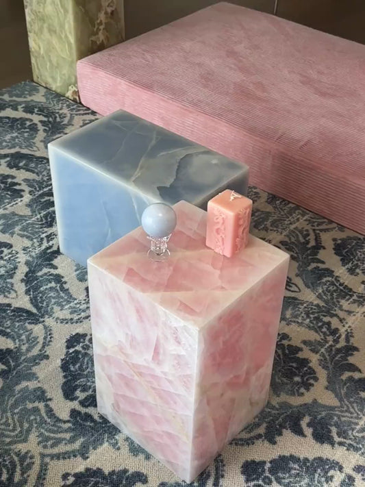 Hand crafted Natural Blue and Pink Marble Side Table: modern style plinth table